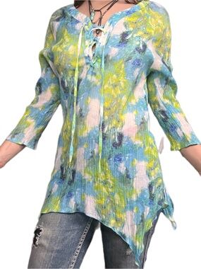 Grand & Greene Blue Green Yellow Watercolor Lace-Up Tunic – Size S – Like New